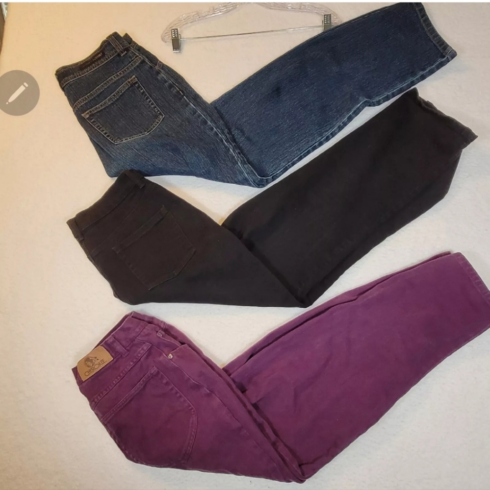 3 JEAN LOT Size 12 2 Gloria Vanderbilt 1 Cherokee blue, black, and purple.